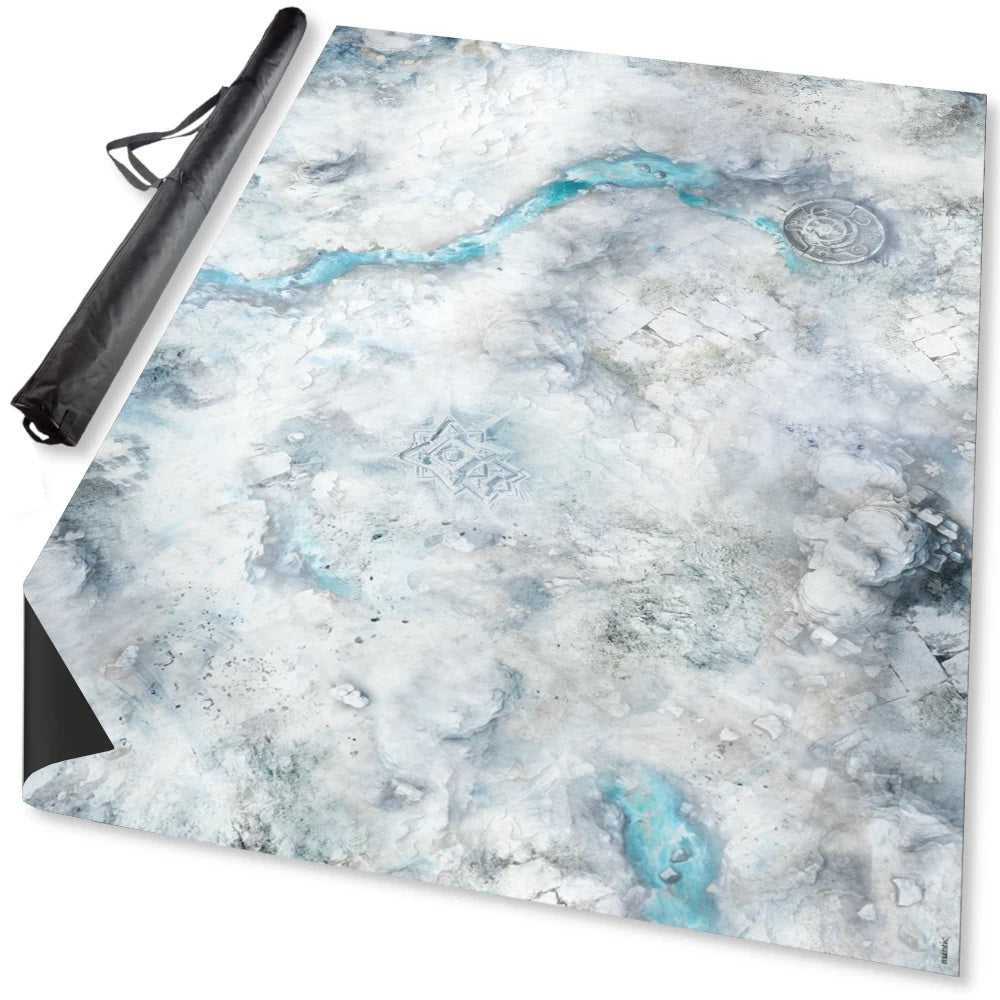 Unrolled white and blue gaming mat featuring a detailed icy landscape map with a river, ruins, and emblem 