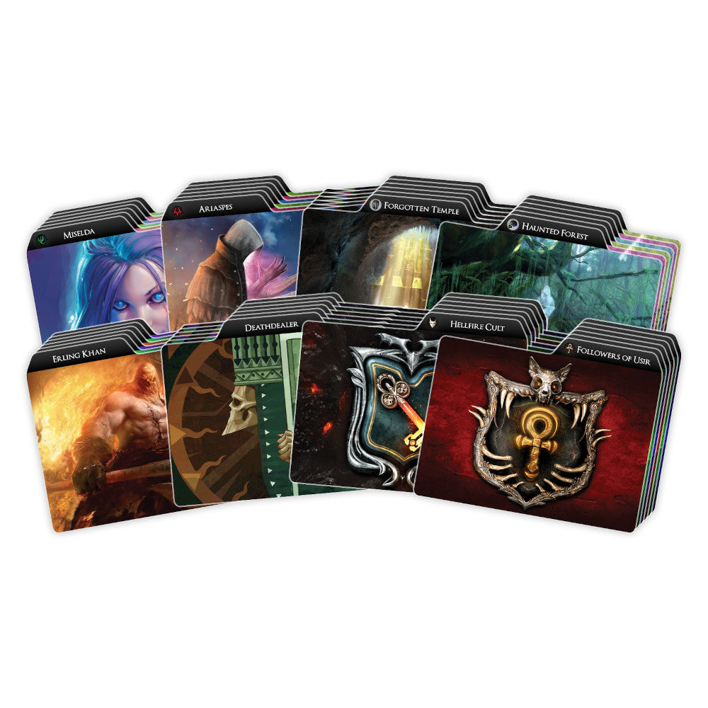 Fanned out stacks of fantasy-themed game cards, showing diverse character and location art