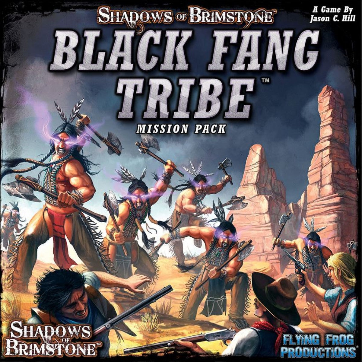 Black Fang Tribe game cover: Glowing-eyed warriors wielding axes attack Western figures in a rocky desert