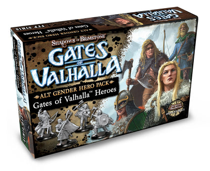 Shadows of Brimstone: Gates of Valhalla Alt Gender Hero Pack game box, showing Viking-style warrior art & miniatures
