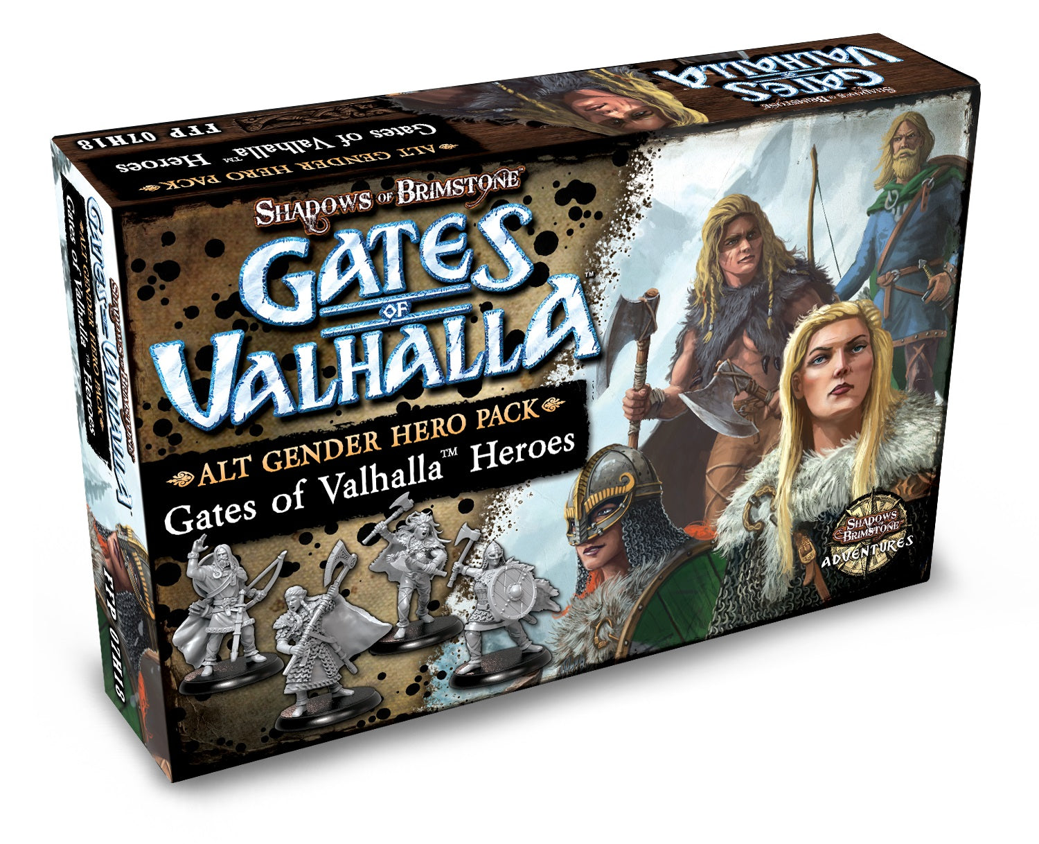 Shadows of Brimstone: Gates of Valhalla Alt Gender Hero Pack game box, showing Viking-style warrior art & miniatures