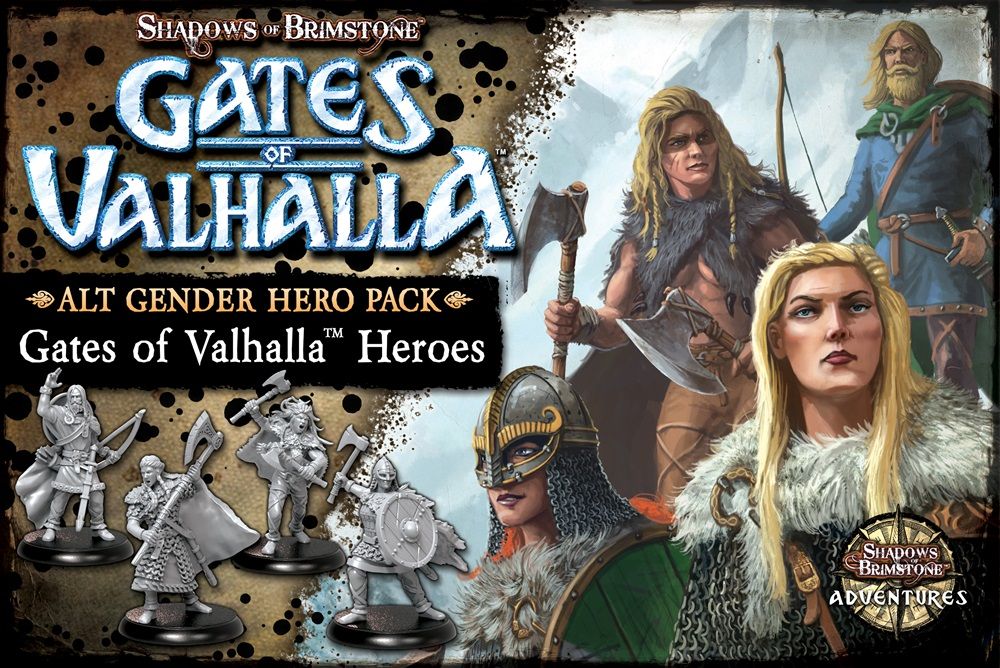 Shadows of Brimstone Gates of Valhalla: artwork of male and female fantasy heroes; five unpainted alt-gender miniatures