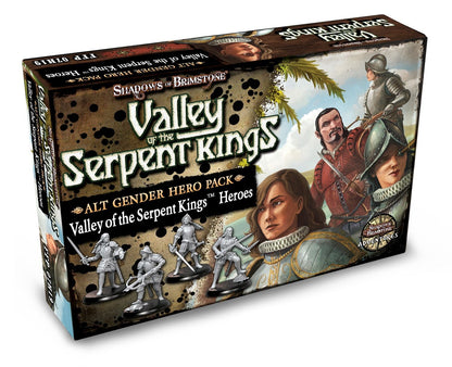 Box for 'Valley of the Serpent Kings Alt Gender Hero Pack' featuring illustrated fantasy heroes and grey miniatures