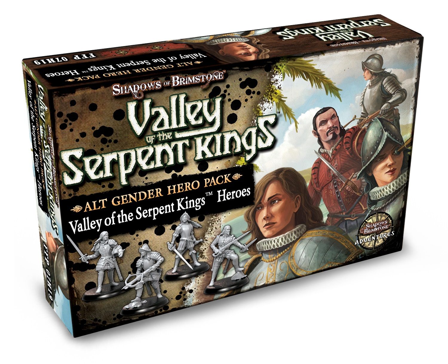 Box for 'Valley of the Serpent Kings Alt Gender Hero Pack' featuring illustrated fantasy heroes and grey miniatures