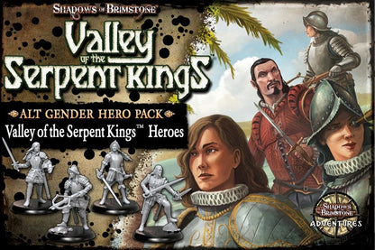 Shadows of Brimstone: Valley of the Serpent Kings 'Alt Gender Hero Pack' box. Art of armored conquistador-style heroes, with four unpainted miniatures