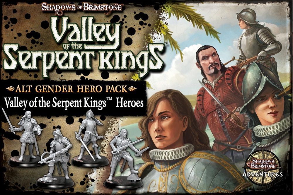 Shadows of Brimstone: Valley of the Serpent Kings &#39;Alt Gender Hero Pack&#39; box. Art of armored conquistador-style heroes, with four unpainted miniatures