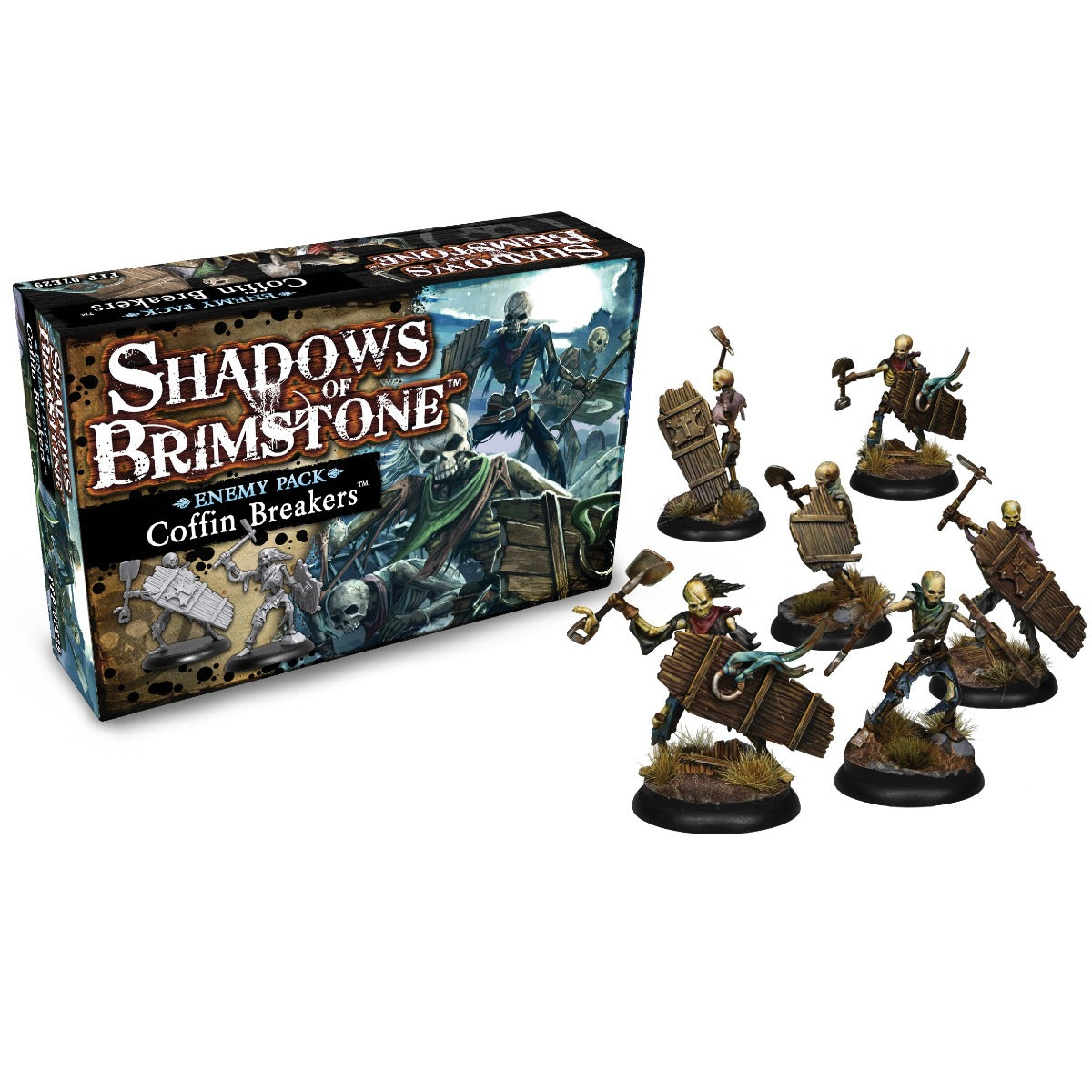 Shadows of Brimstone: Coffin Breakers box and seven painted skeleton miniatures, armed with shovels and coffin lid shields