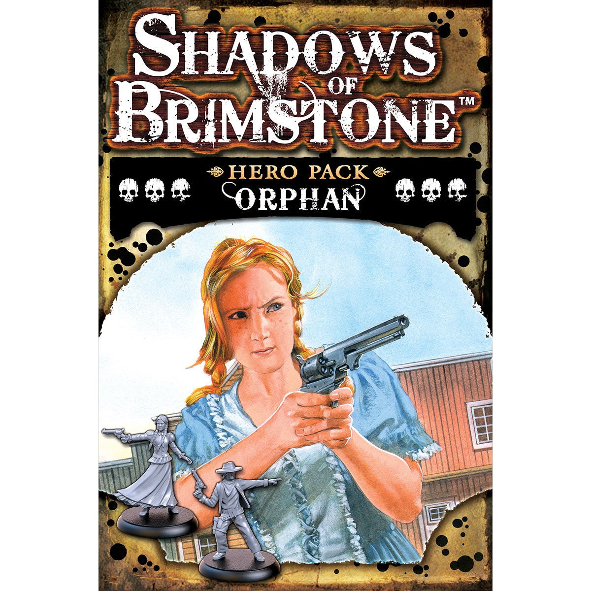 Shadows of Brimstone Orphan Hero Pack: Determined girl aims a revolver. Two unpainted miniatures shown