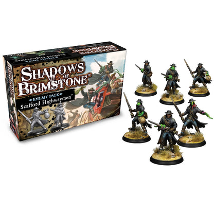 Shadows of Brimstone Scafford Highwaymen Enemy Pack, box and six painted Western miniatures, some green-skinned, wielding rifles