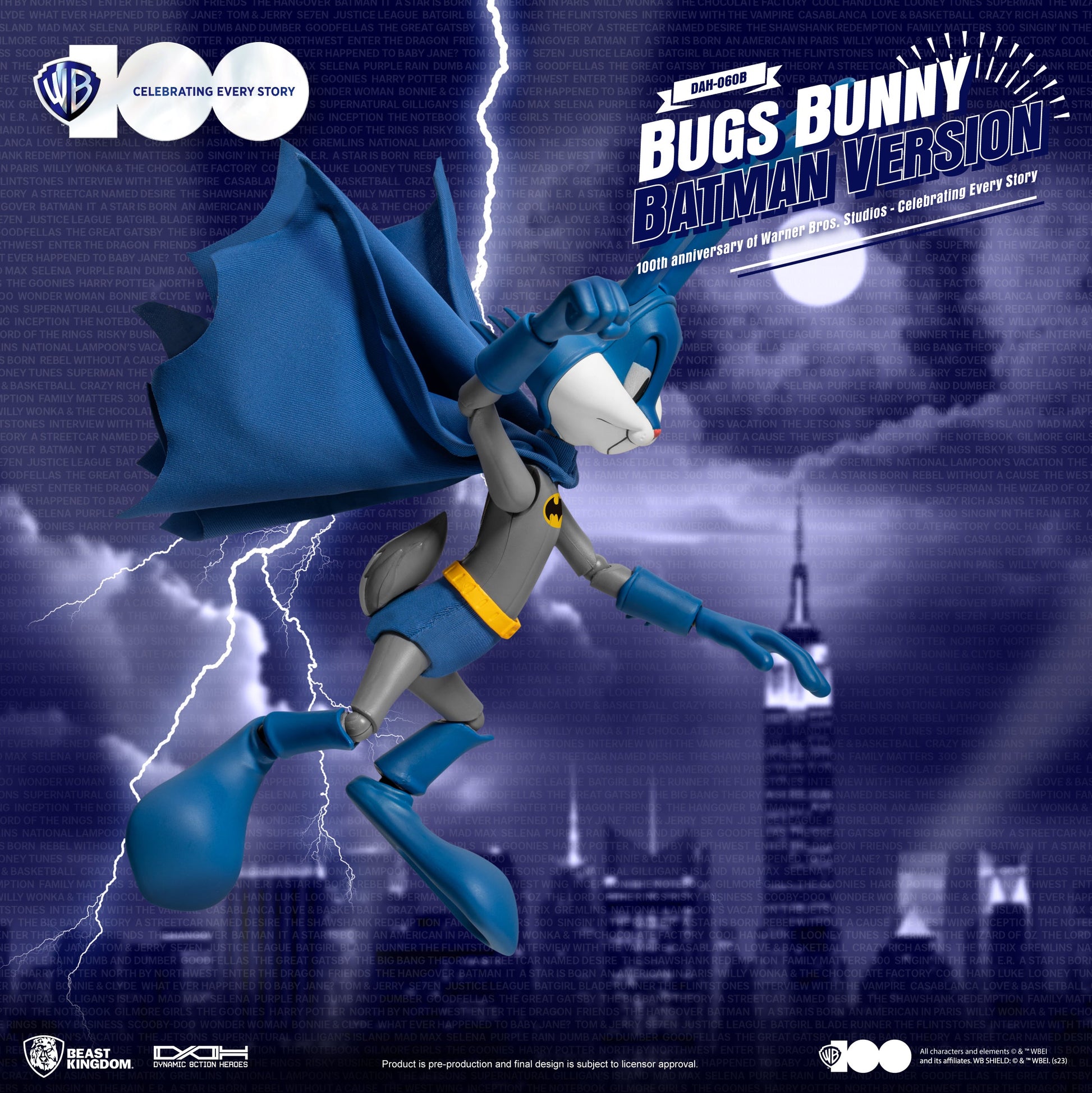 Low-angle front shot of Bugs Bunny in heroic Batman pose with clenched fists