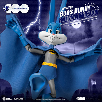 Side view of Bugs Bunny holding a grappling hook with flowing cape and bat ears