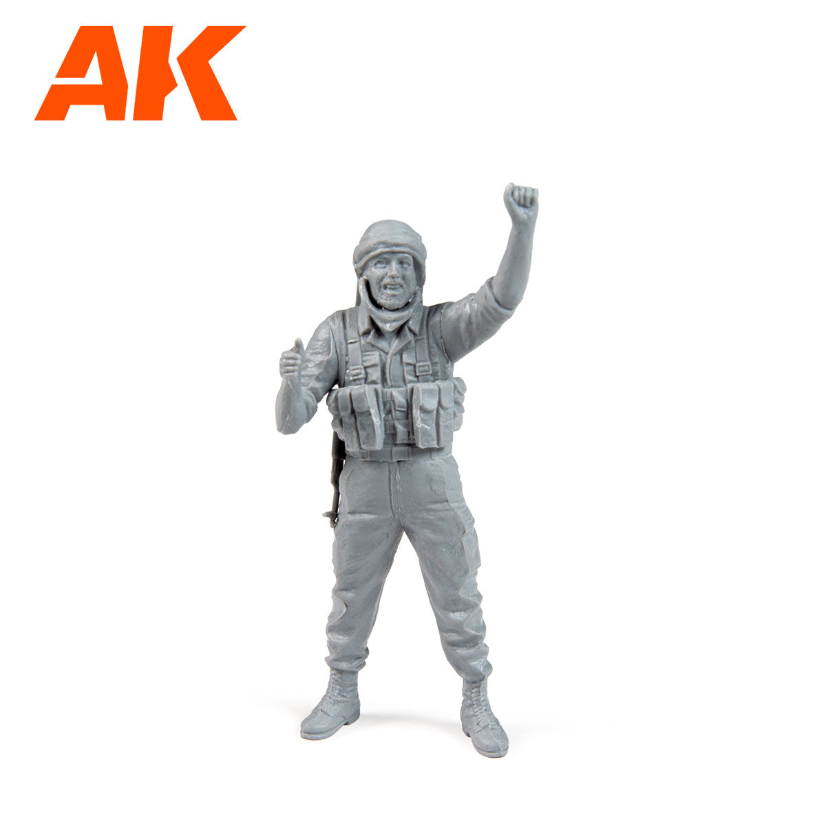 Grey plastic soldier model figure with helmet and tactical vest -  left arm raised in a fist and right hand giving a thumbs-up