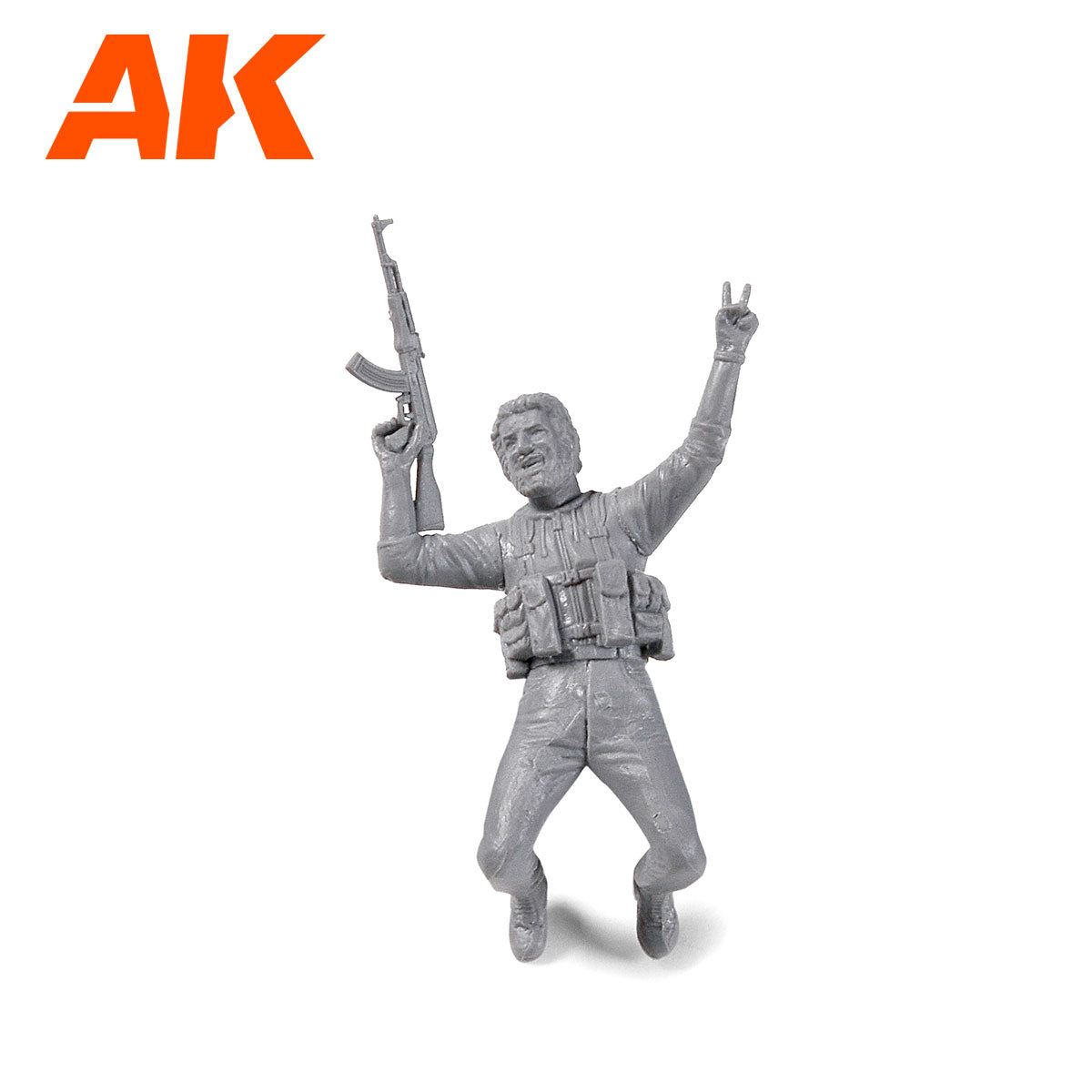 Gray model figure in combat gear -  smiling and jumping -  holding an assault rifle overhead -  making a V-sign