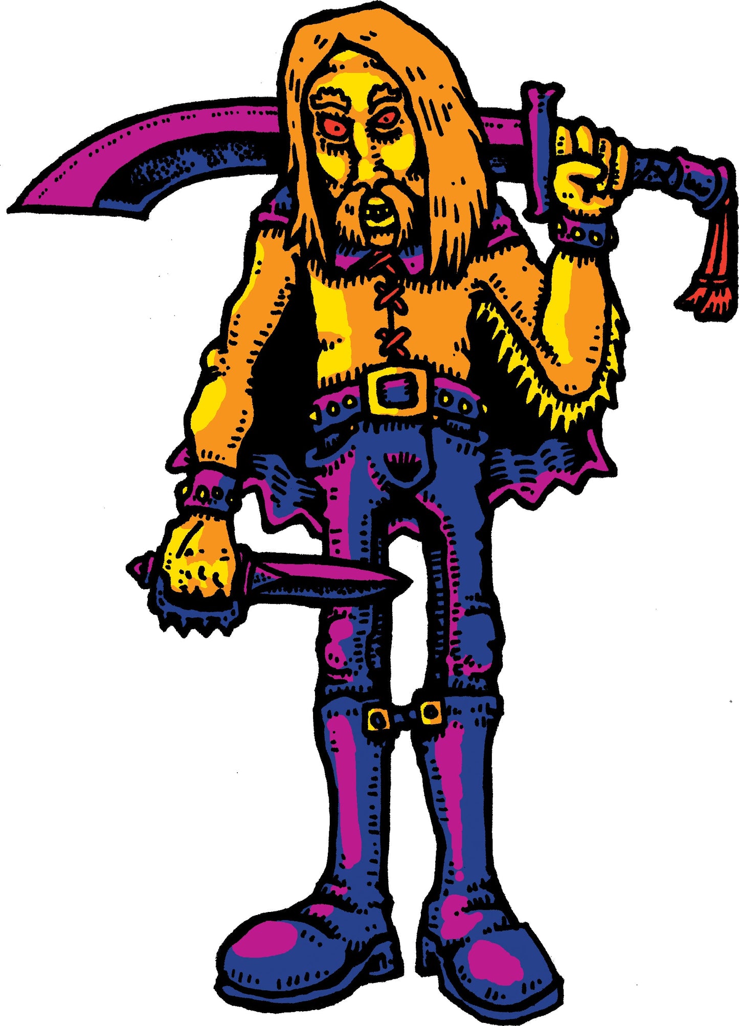 A stylized warrior with long blonde hair, red eyes, carrying a large purple sword over his shoulder and holding a dagger