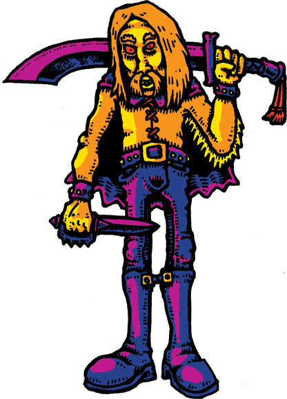 A stylized warrior with long blonde hair, red eyes, carrying a large purple sword over his shoulder and holding a dagger