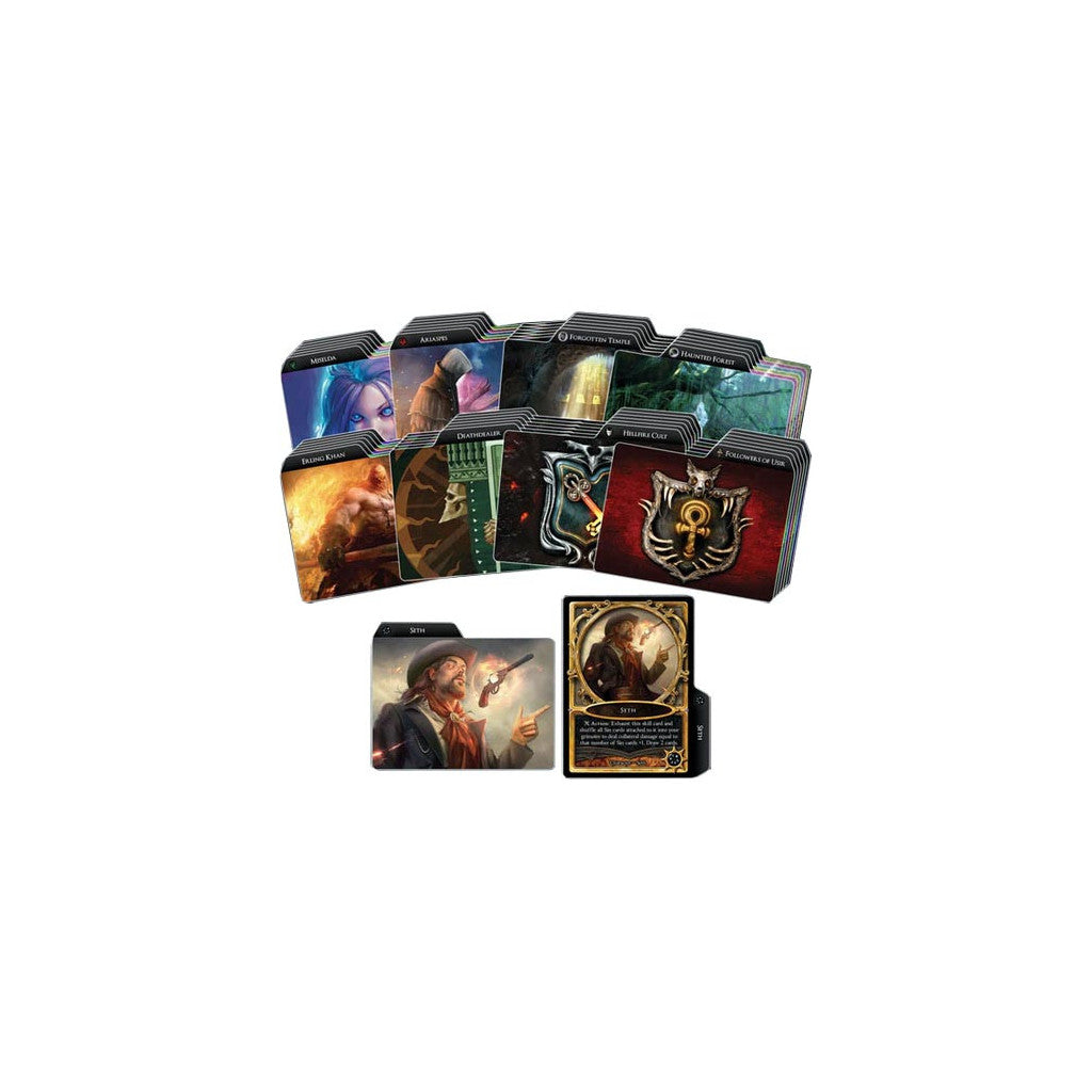 Fantasy game cards: a stack of dividers and two-character cards of &#39;Seth&#39; holding a pistol