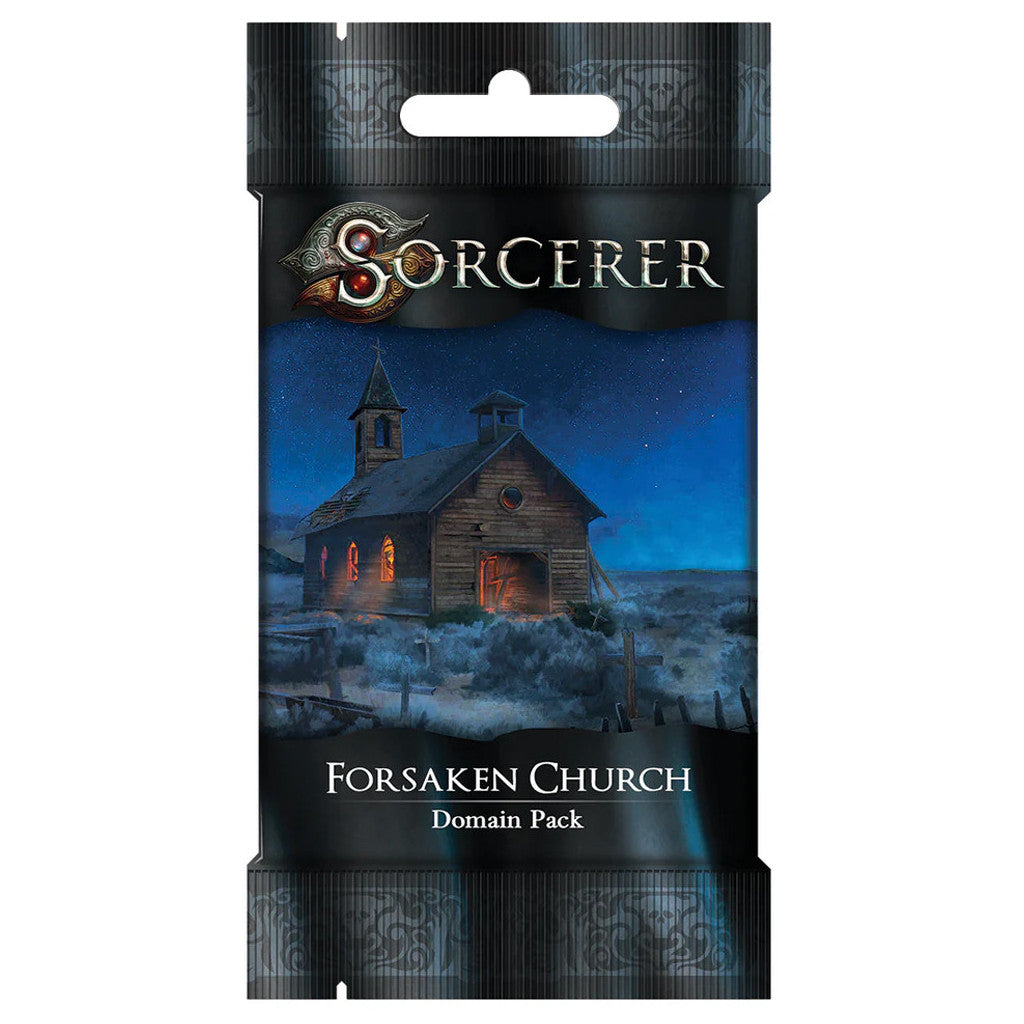 Sorcerer game pack: &quot;Forsaken Church Domain Pack&quot; shows a dilapidated church glowing at night under a starry sky
