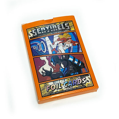 Orange "Sentinels of the Multiverse Foil Cards" box. Features comic art of a flying woman and an armored figure with an energy blast