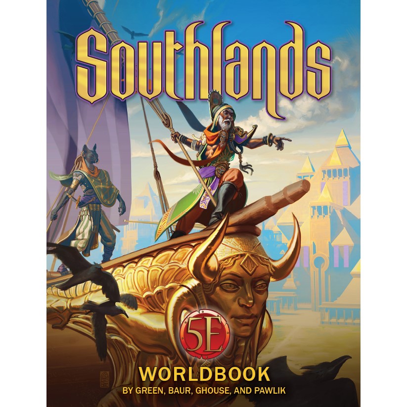 Southlands Worldbook for 5th Edition Sourcebook cover features a robed figure on a golden ship's prow, pointing towards a desert city with a cat-headed companion