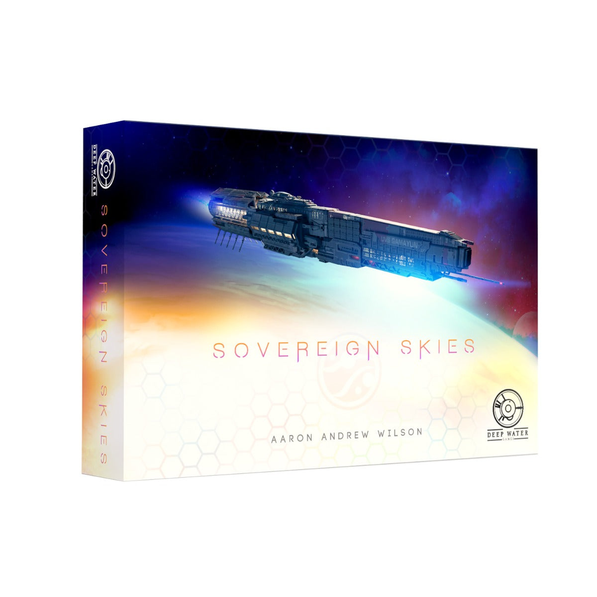 A "Sovereign Skies" game box featuring a long spaceship with glowing blue engines flying above a planet