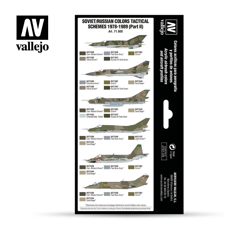 Vallejo color guide showing Soviet/Russian jet tactical color schemes and paint swatches
