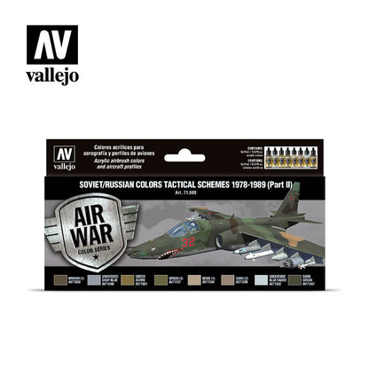 Vallejo model paint set box with an illustrated camouflage Soviet tactical aircraft and eight paint colors