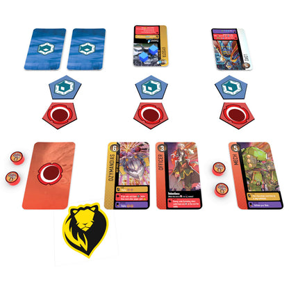 Close-up of components including faction-specific cards, zone boards, and colorful tokens in play