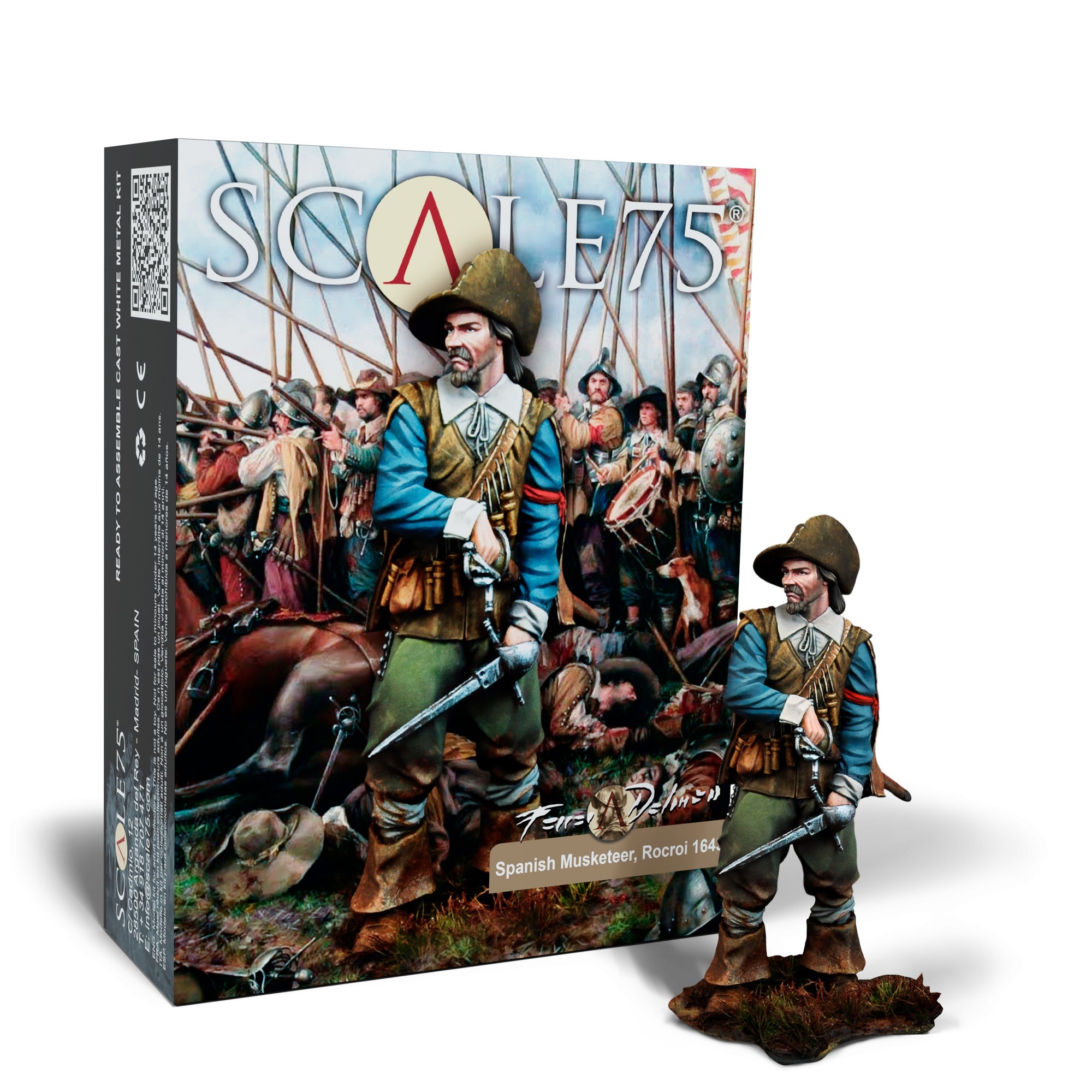 A Scale75 model kit box for a Spanish Musketeer figure, standing next to the painted miniature. Box art depicts a battle scene.