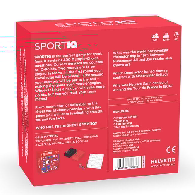 Backside of packaging box mockup for "SportIQ" trivia game