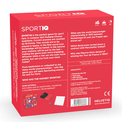 Backside of packaging box mockup for "SportIQ" trivia game