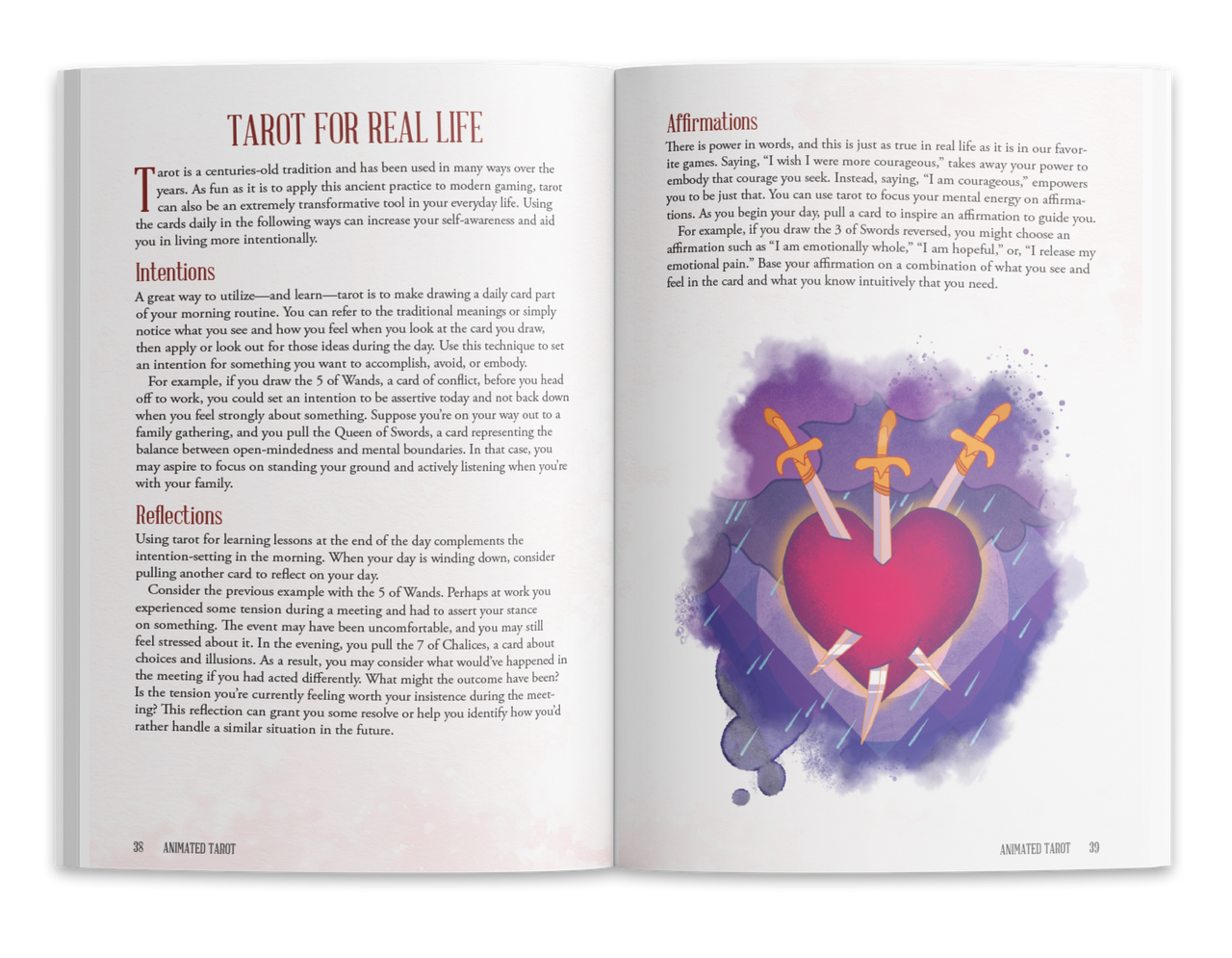 Red heart pierced by three golden swords, surrounded by purple rain, depicting the Three of Swords tarot card