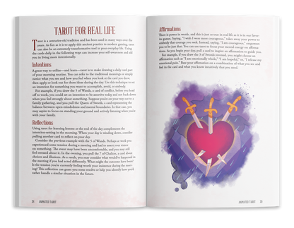 Red heart pierced by three golden swords, surrounded by purple rain, depicting the Three of Swords tarot card