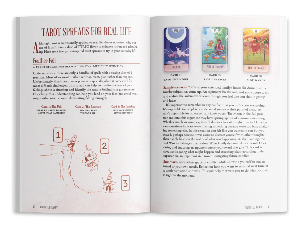 Open book displaying a "Tarot Spreads for Real Life" article, with a person falling from a cliff and three tarot cards