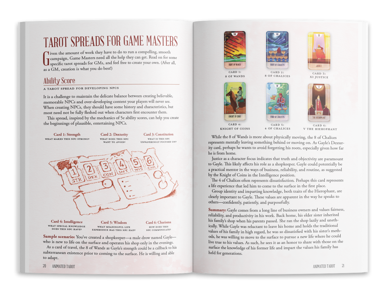 An open book displaying "Tarot Spreads for Game Masters" text, an ability score grid, and six tarot card images