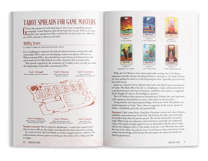 An open book displaying "Tarot Spreads for Game Masters" text, an ability score grid, and six tarot card images