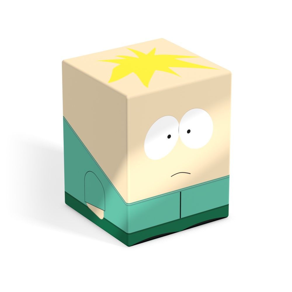 3D render of a cubical Butters Stotch (South Park) figure, with yellow spiky hair and a teal jacket