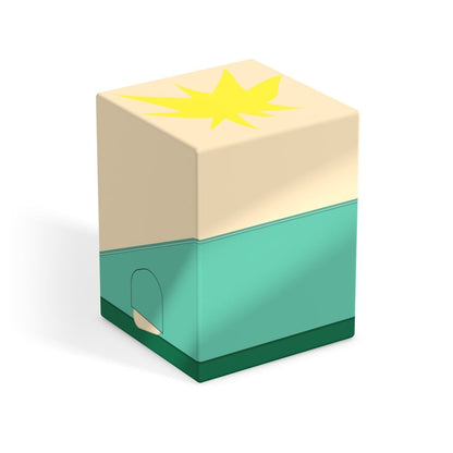 Two-toned beige and teal storage box with a yellow starburst symbol on top