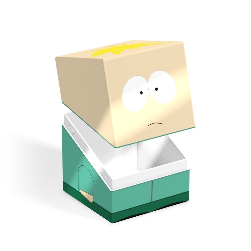 Open South Park Butters/Professor Chaos figure container. Beige head with yellow star, teal body