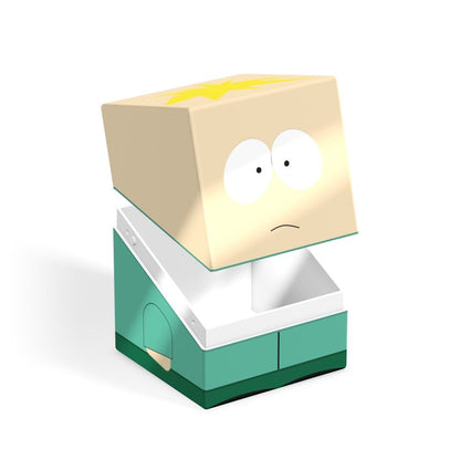 Open South Park Butters/Professor Chaos figure container. Beige head with yellow star, teal body