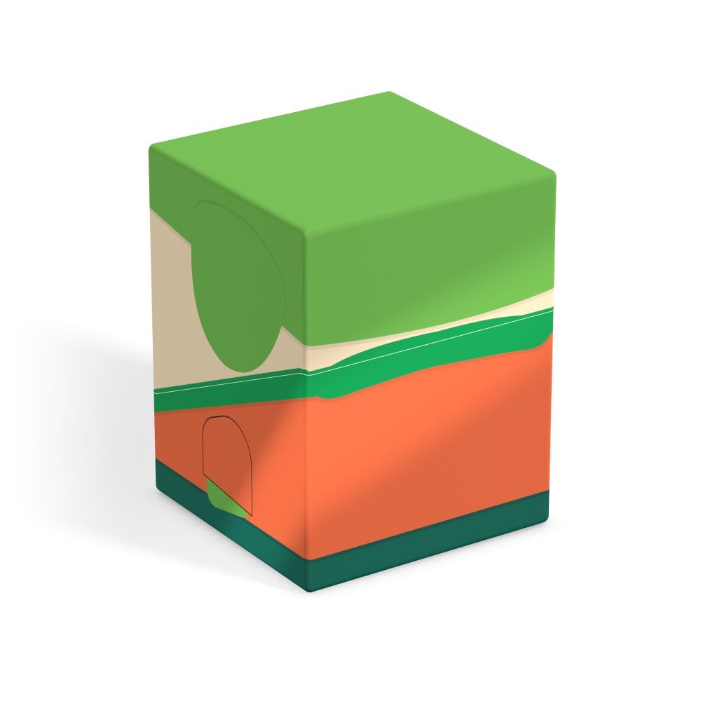 Cubic deck box with layered abstract design featuring stripes of green, orange, tan, and dark green