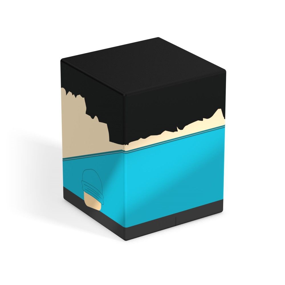 Black, cyan, and beige cubical storage box with a jagged design separating the top colors