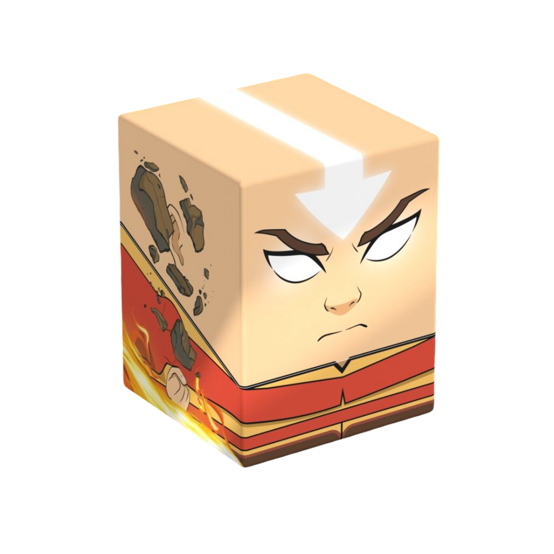 Avatar Aang collectible cube with glowing eyes, surrounded by earth and fire bending effects
