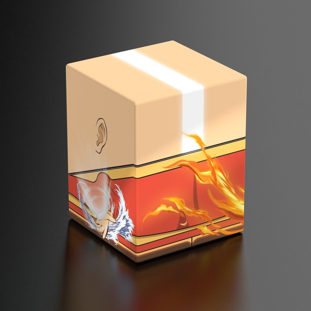 A stylized box with a beige top showing an ear, and a red lower band with a hand making water and fiery flames