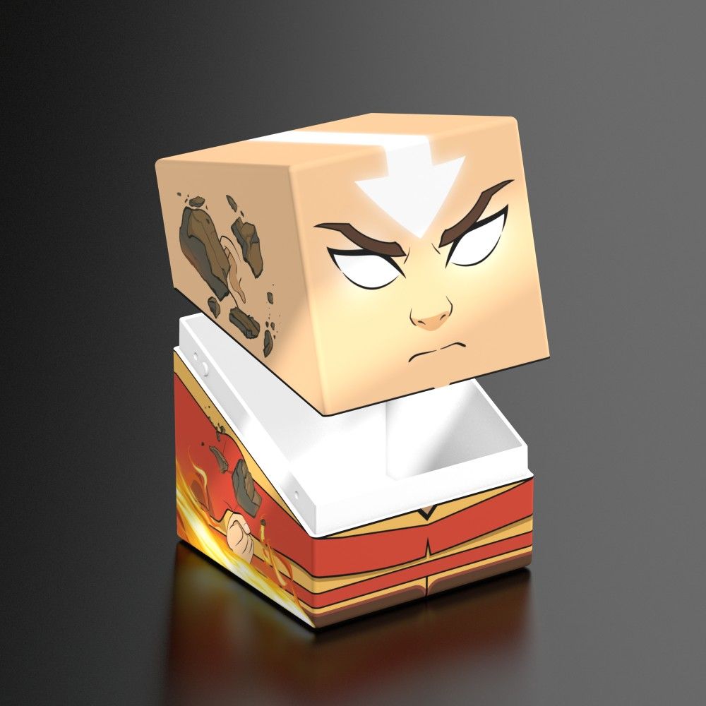 An Aang-themed box, his fierce head (lid with arrow) lifted from his robed body (base), revealing earth and fire bending details