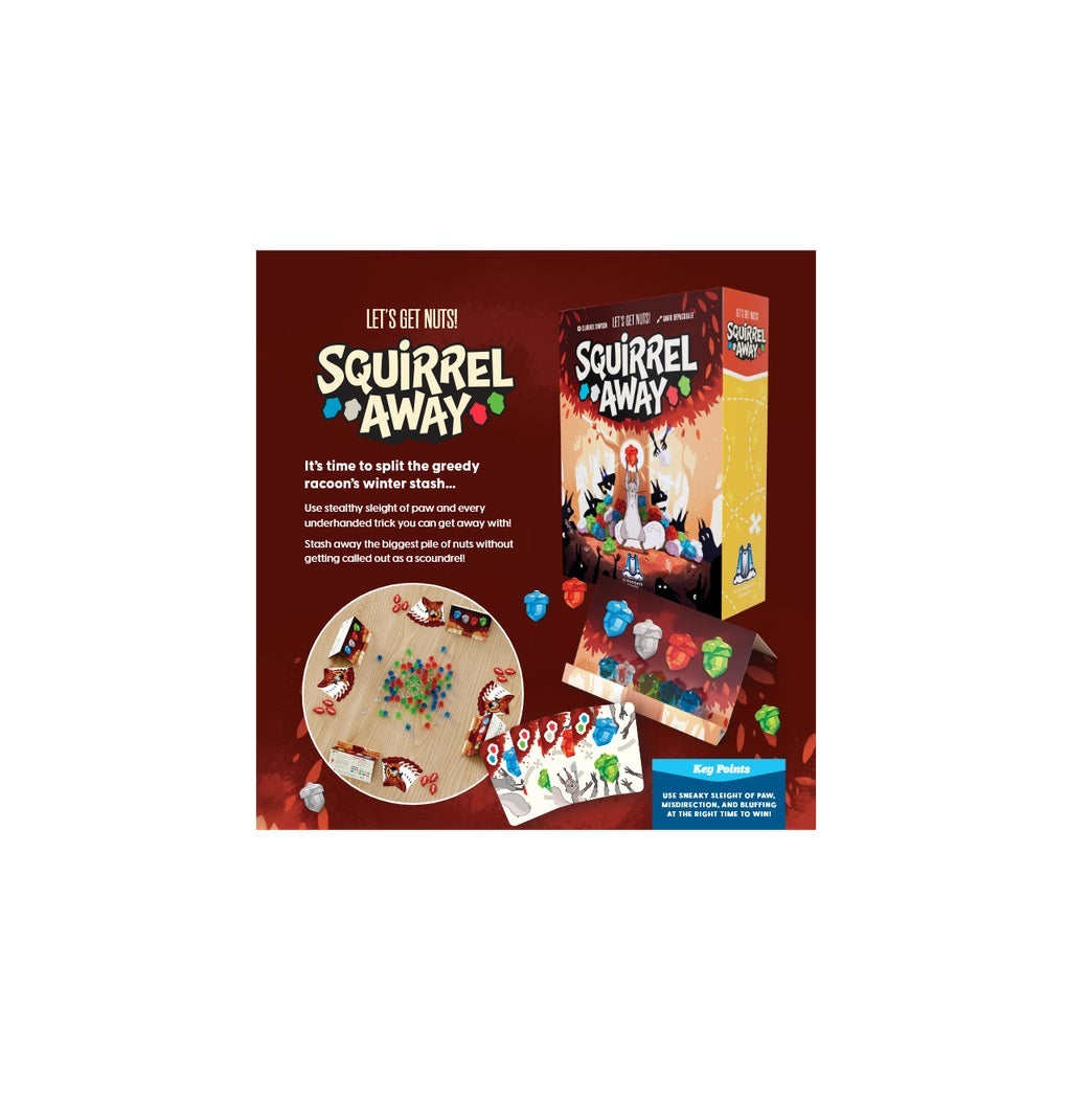 Box and components for the "Squirrel Away" board game, featuring squirrel miniatures and colourful nut tokens