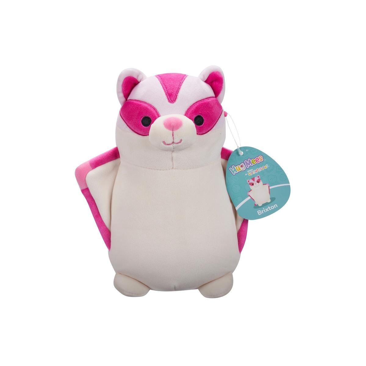 White and hot pink Squishmallow Hug Mee (Brixton) plush flying squirrel, featuring a pink mask and attached tag