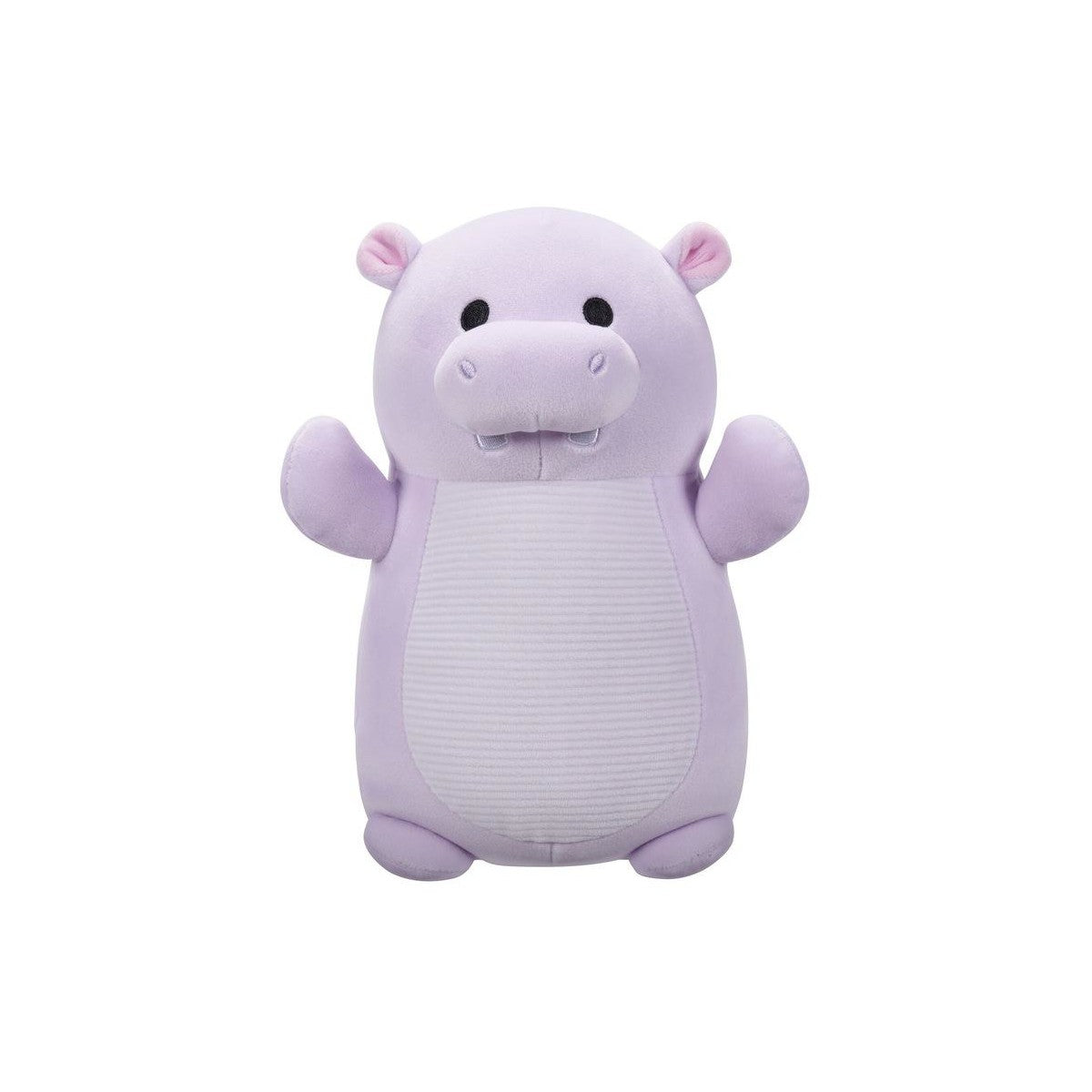 Soft lavender hippo stuffed animal with arms lifted, isolated on white