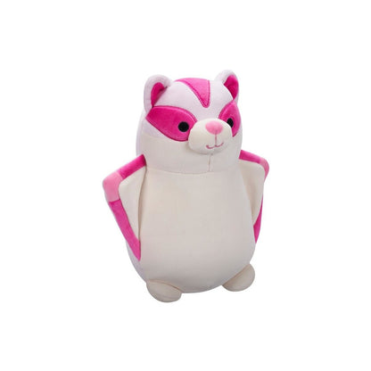 Squishy flying squirrel plush toy, cream and pink with a bright pink mask