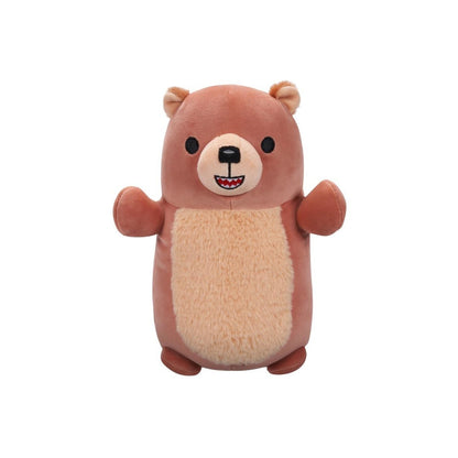 Cuddly brown bear plush toy with a tan belly and small stitched smile, arms raised