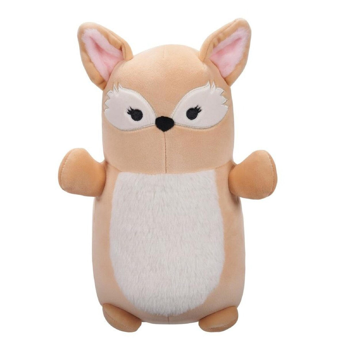 Light brown plush fox toy with white belly patch and pink ears, standing on a white background